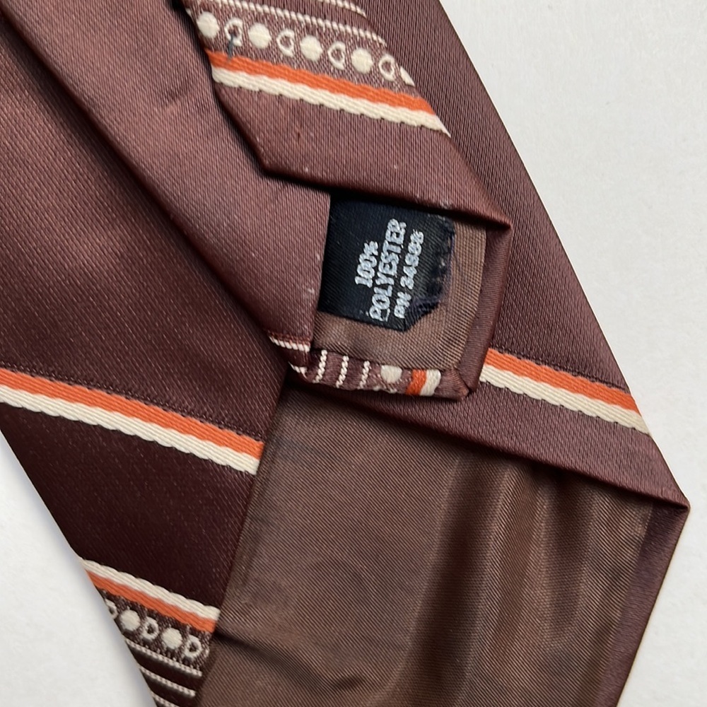Vintage 70s Sears Clip-On Tie Brown Tan & Orange Stripe Necktie - Picture 4 of 10